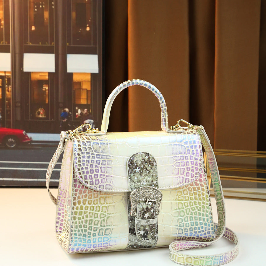 Chic Iridescent Croc-Effect Small Square Bag for Women, A Fashionable Top-Handle Evening Shoulder Crossbody Handbag with Eye-Catching Shimmering Design, Versatile Party Purse