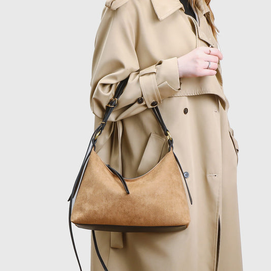 Genuine Suede Large Capacity Shoulder Bag for Women, New Vintage Casual Underarm Commute Purse, Relaxed Style Everyday Handbag for Ladies
