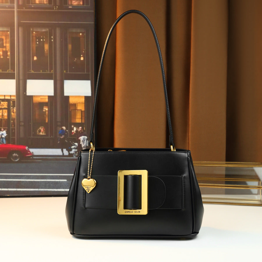 Vintage Metal Square Buckle Underarm Bag for Women with Heart Charm, Premium Shoulder Crossbody Purse with Versatile Commuter Style