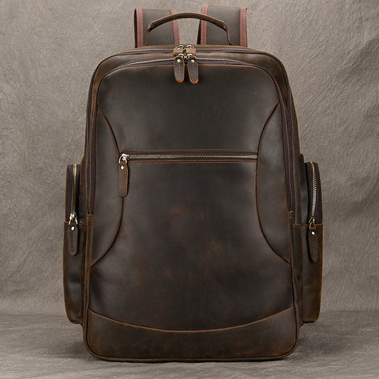 Genuine Crazy Horse Cowhide Large Capacity Backpack for Men, Vintage Travel School Daypack, Durable Leather Rucksack for Students and Travelers