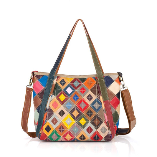 Genuine Cowhide Ethnic Patchwork Handbag for Women, Colorful Color Block Handmade Plaid Shoulder Crossbody Purse, Casual Everyday Bag for Ladies