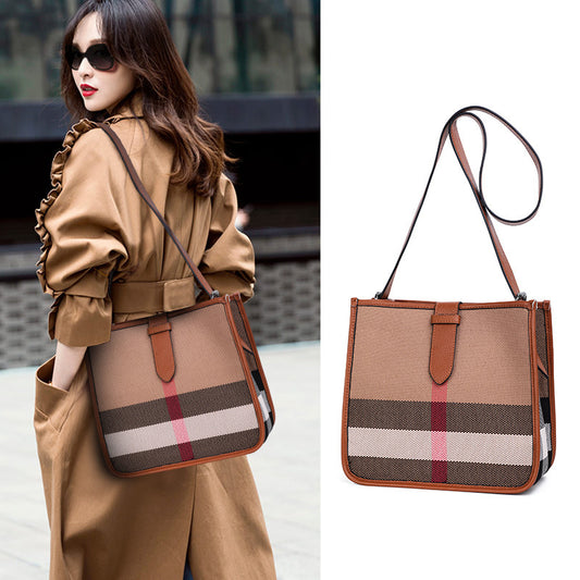 New Premium Plaid Canvas Small Square Bag, Leather Trim Crossbody Shoulder Purse, Versatile Trendy Handbag for Women