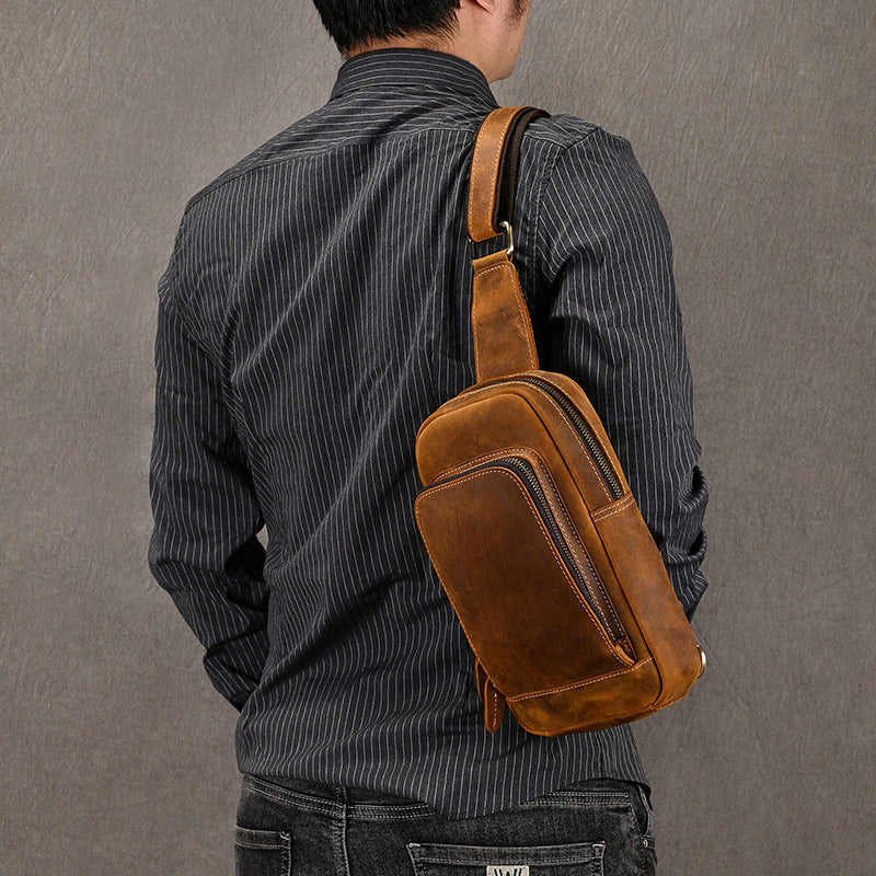 Crazy Horse Leather Chest Crossbody Bag, Casual Shoulder Pouch, Commute Outdoor Travel Pack for Men