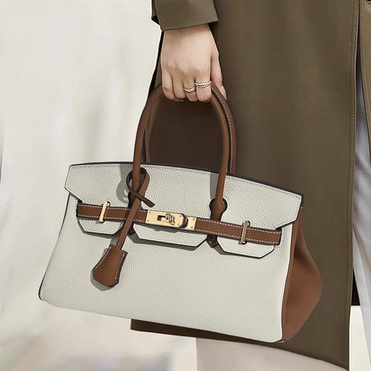 Chic Color-Blocked Birkin-Inspired Tote Bag for Women, Premium Top-Layer Cowhide Leather with Horizontal Design, Versatile Top-Handle Shoulder Crossbody Handbag for Commute & Everyday Style