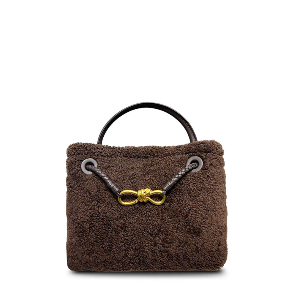 New Fall/Winter Lamb Wool Woven Tote with Metal Buckle, Vintage Large Commuter Shoulder & Crossbody Bag for Women
