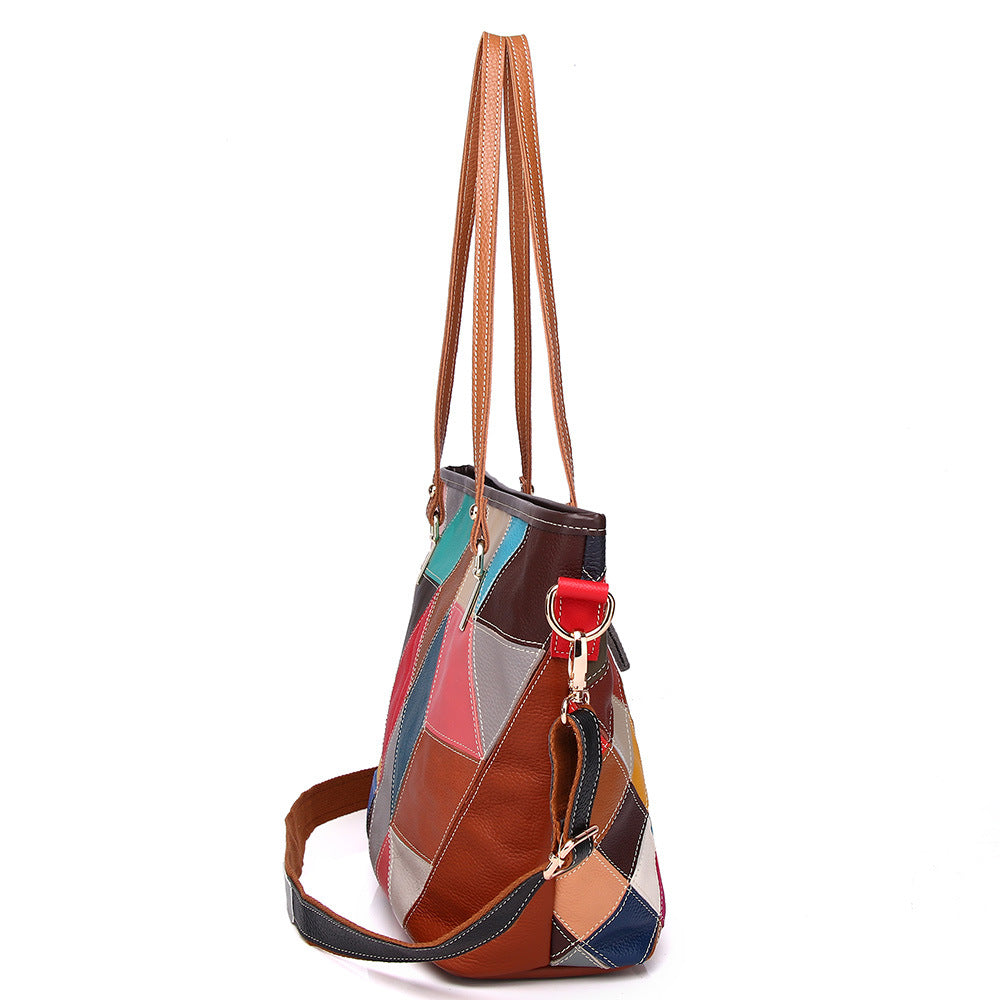 Genuine Top Layer Cowhide Colorful Plaid Color Block Handbag for Women, New Shoulder Crossbody Purse, Trendy Everyday Bag for Ladies