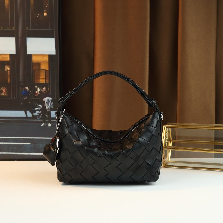 Genuine Leather Woven Bento Bag for Women Lunch Box Shoulder Underarm Handbag, Quilted Picnic Style Purse with Artisan Texture