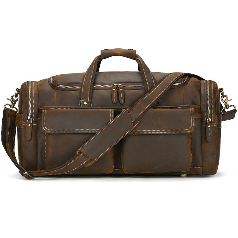Large Capacity Crazy Horse Leather Travel Duffle, Top Handle Crossbody Business Bag, Premium Cowhide Luggage for Men