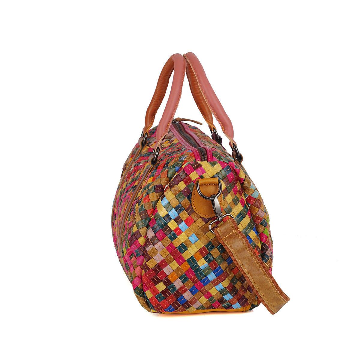 Colorful Color Block Woven Genuine Leather Bag, Ethnic Trendy Shoulder Crossbody Top Handle Purse, Casual Handbag for Women