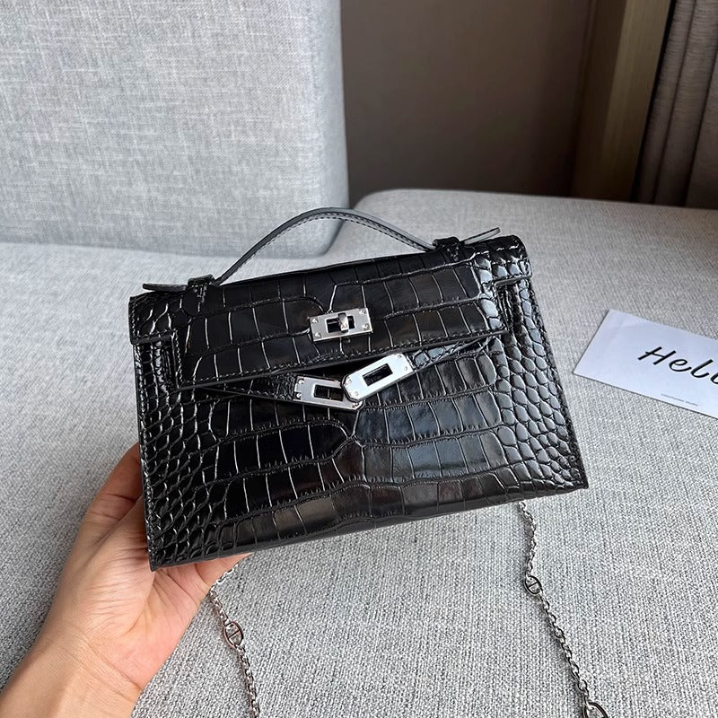 New Spring/Summer Kelly-Inspired Croc-Effect Genuine Leather Mini Bag for Women, A Versatile Chain Shoulder Top-Handle Handbag Perfect for Everyday Style