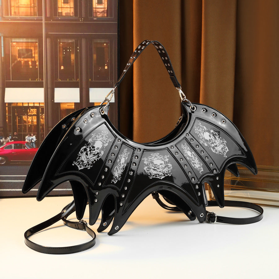 Mirror Bat Wing Bag for Women Halloween Skull Rivet Handbag, Gothic Mirror Metallic Shoulder Crossbody Purse with Unique Bat-Shaped Silhouette