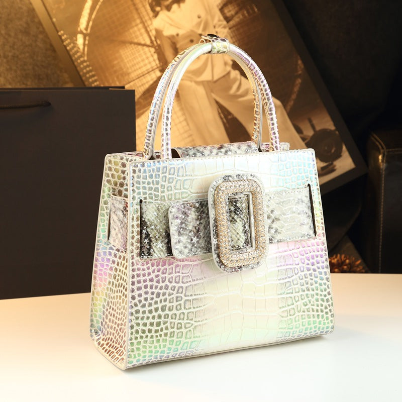 New Arrival Croc-Effect Genuine Leather Handbag for Women, An Elegant Top-Handle Shoulder Crossbody Bag with Premium Design, Perfect for Middle-Aged Moms