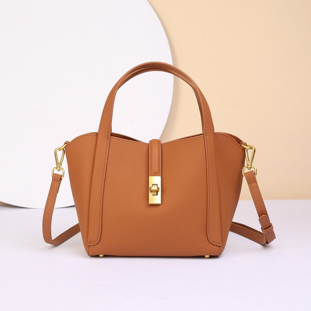 Genuine Top Layer Cowhide Basket Bucket Bag for Women, Light Luxury New Crossbody Top Handle Purse, Premium Leather Handbag for Ladies