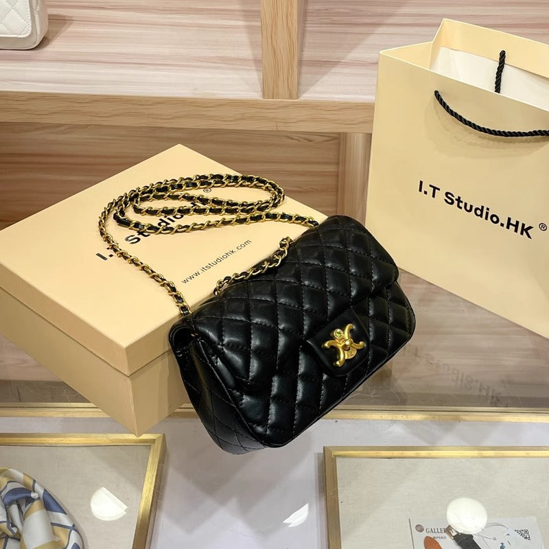 香港真皮链条腋下包包女2026新款夏小众高级感菱格单肩包斜挎方包