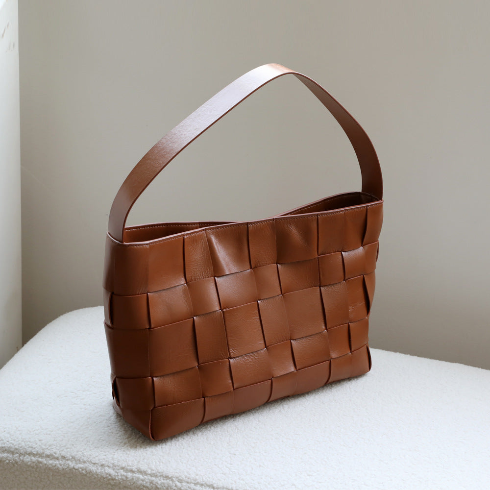 Top Layer Cowhide Woven Tote Bag for Women Large Capacity Laptop Commuter Shoulder Handbag, Niche Designer Purse with Artisan Craftsmanship