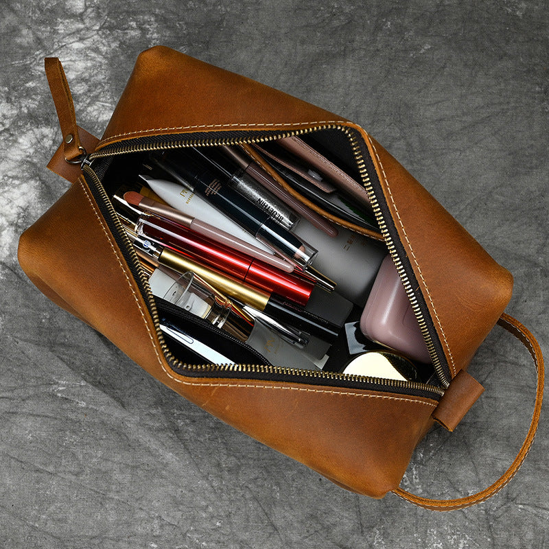 New Crazy Horse Leather Multifunctional Toiletry Bag, Unisex Travel Cosmetic Pouch, Genuine Leather Clutch for Men and Women