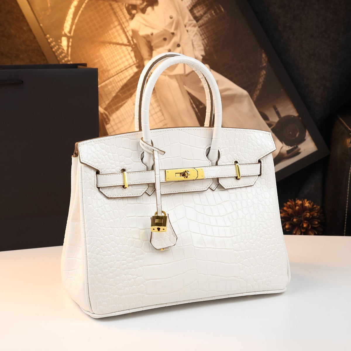 Chic Croc-Embossed Birkin-Inspired Tote Bag for Women, Premium Genuine Leather Shoulder Crossbody Top-Handle Handbag with Dopamine Bright Colorful Style, High-End Everyday Purse
