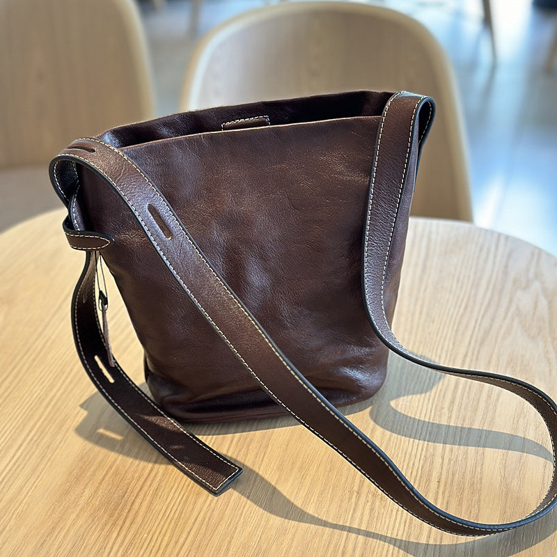 Genuine Top Layer Cowhide Bucket Bag for Women, New Korean Style Vintage Casual Shoulder Crossbody Underarm Purse, Versatile Everyday Handbag for Ladies