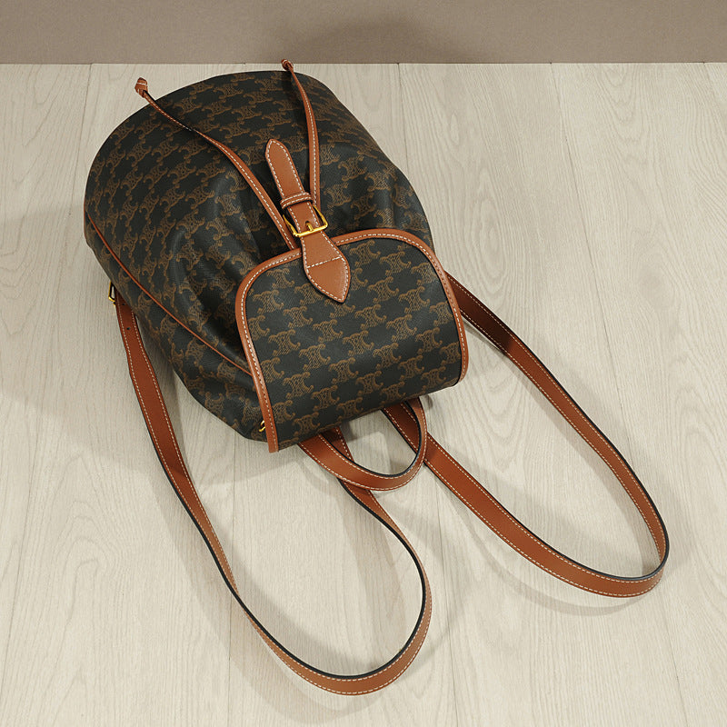 Genuine Leather Arc de Triomphe Drawstring Backpack for Women, New Spring Vintage Monogram Light Luxury Top Handle Bag, Trendy Casual Shoulder Purse for Ladies