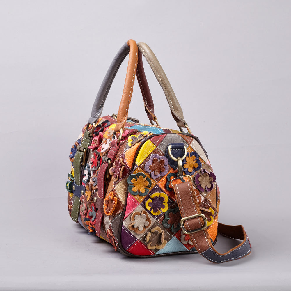 Genuine Leather Vintage Multicolor Color Block Floral Patchwork Handbag for Women, European Style Handmade Shoulder Crossbody Top Handle Purse, Designer Bag for Ladies