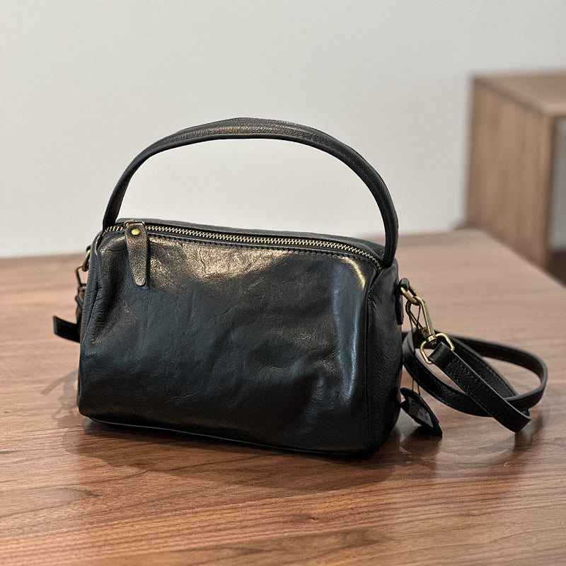 Genuine Vegetable-Tanned Top Layer Cowhide Bag for Women, Vintage Minimalist Shoulder Crossbody Top Handle Purse, Unique Lunch Box Style Small Handbag for Ladies