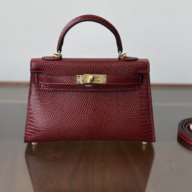 Genuine Leather Lizard-Embossed 2nd Gen Kelly-Style 19cm Bag for Women, Small Square Crossbody Shoulder Top Handle Purse, Trendy Handbag for Ladies
