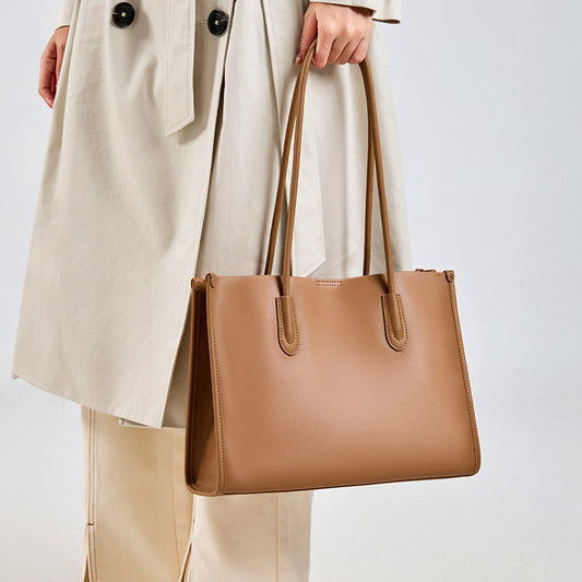 Genuine Leather Niche Tote Bag for Women Large Capacity Commuter Cowhide Shoulder Handbag, Premium Versatile Purse with Understated Elegance