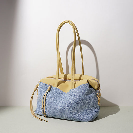 Genuine Cowhide Denim Patchwork Tote Bag for Women, New Spring Summer Vintage Large Capacity Shoulder Underarm Top Handle Handbag, Versatile Commute Purse for Ladies