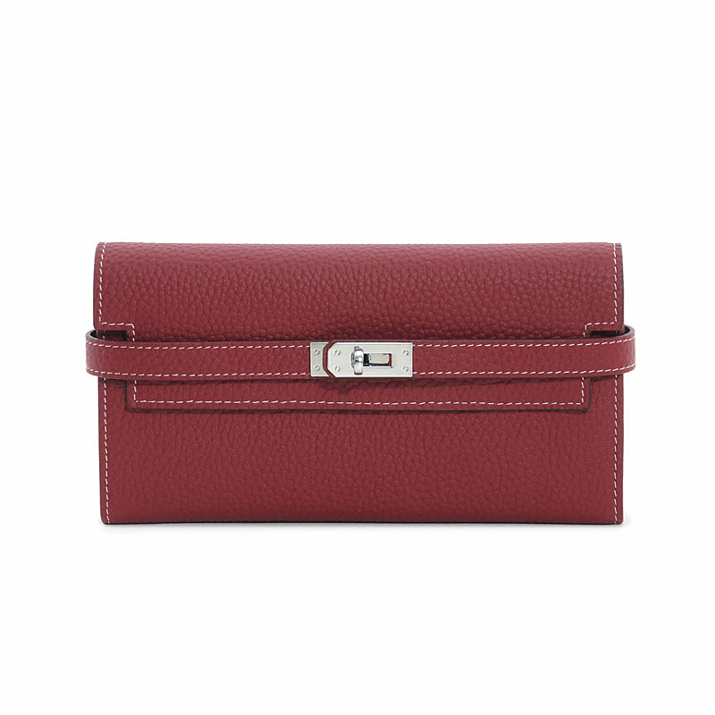 Genuine Top Layer Cowhide Long Wallet for Women, New Minimalist Pebbled Leather Clutch Purse, Fashionable Birkin-Kelly Style Handbag for Ladies