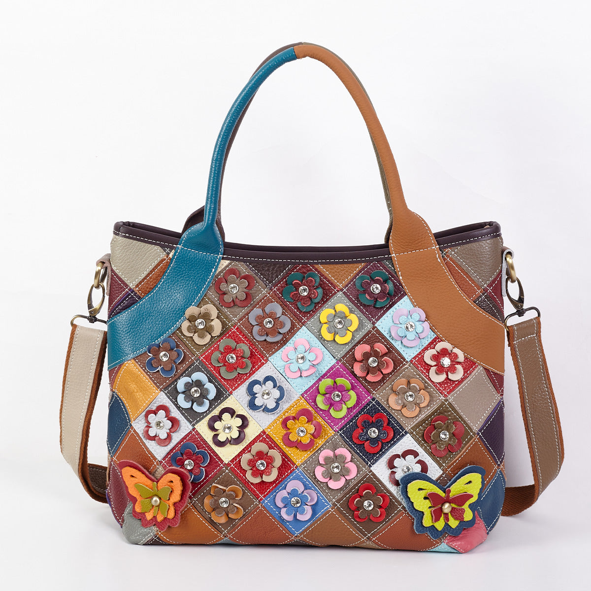 Premium Handcrafted Floral Patchwork Color-Block Tote for Women | Genuine Leather Top-Handle Cross-Body Shoulder Bag with Unique Artistic Design | Versatile 3-in-1 Carry Purse for Work, Errands, Travel & Everyday Chic | Trendy Statement Handbag with