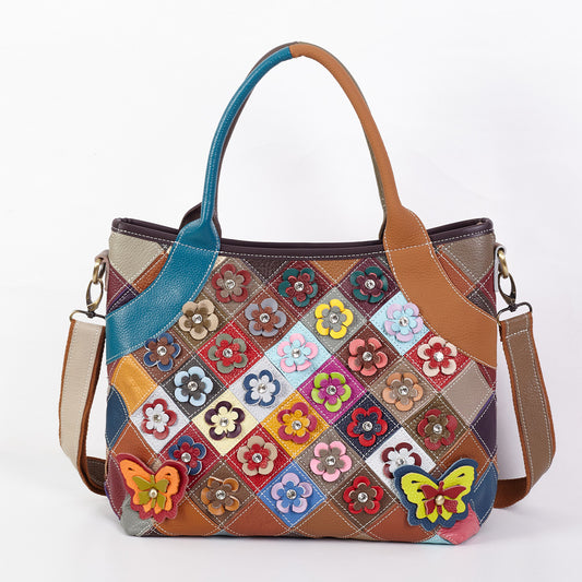 Premium Handcrafted Floral Patchwork Color-Block Tote for Women | Genuine Leather Top-Handle Cross-Body Shoulder Bag with Unique Artistic Design | Versatile 3-in-1 Carry Purse for Work, Errands, Travel & Everyday Chic | Trendy Statement Handbag with