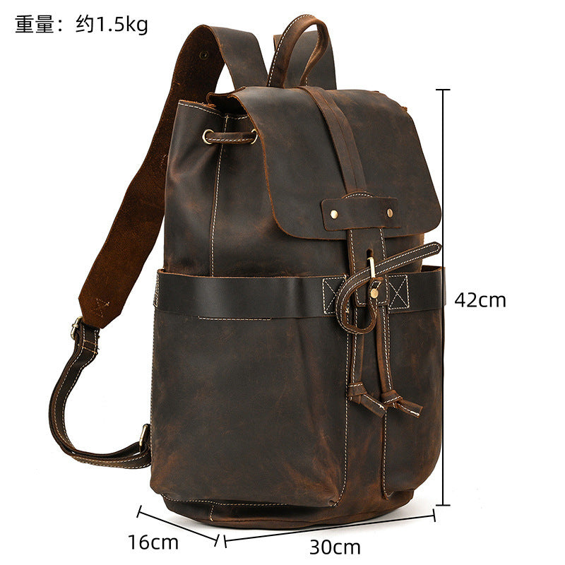 Men's Crazy Horse Leather Backpack Vintage Travel Daypack for Women Students, Genuine Leather Casual Rucksack Large Capacity