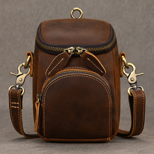 Vintage Crazy Horse Leather Multifunctional Belt Crossbody Bag, Small Shoulder Waist Pouch, Top Layer Cowhide Travel Pack for Men