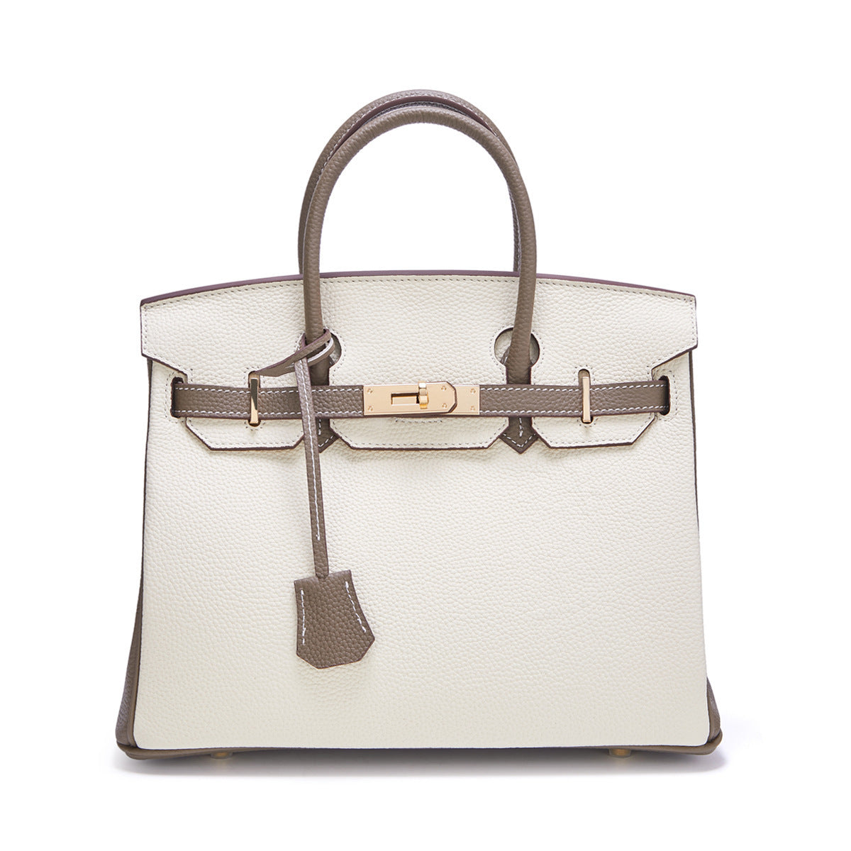 Genuine Leather Two-Tone Tote Shoulder Crossbody Bag, Large Lychee Grain Platinum-Style Contrast Color Handbag, Top-Layer Cowhide Purse for Women