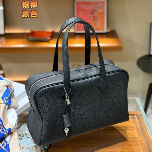 Genuine Top Layer TC Cowhide Victoria Boston Tote Bag for Women, Hermès-Style Commute Travel Handbag, Large Capacity Top Handle Storage Purse for Ladies