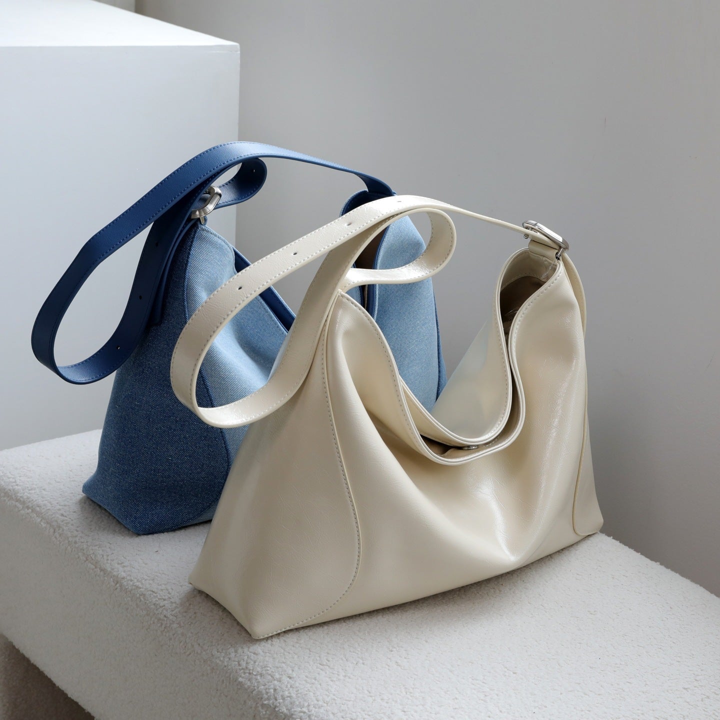 Denim and Genuine Leather Slouchy Tote Bag for Women Large Capacity Shoulder Crossbody Handbag, Premium Niche Purse with Minimalist Style