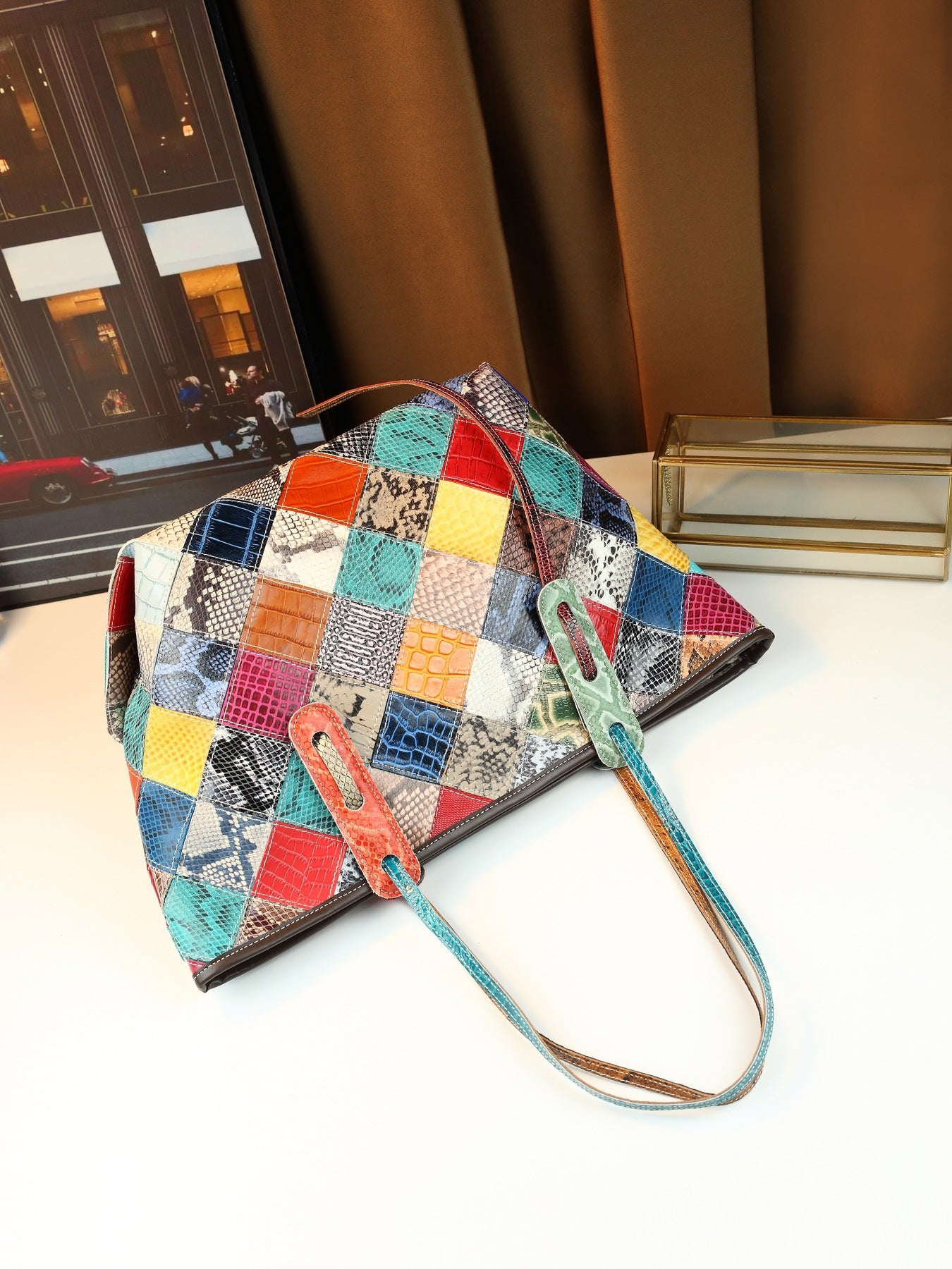 Genuine Leather Color-Block Bucket Tote for Women Large Capacity Patchwork Shoulder Handbag, Trendy Contrast Design with Premium Craftsmanship