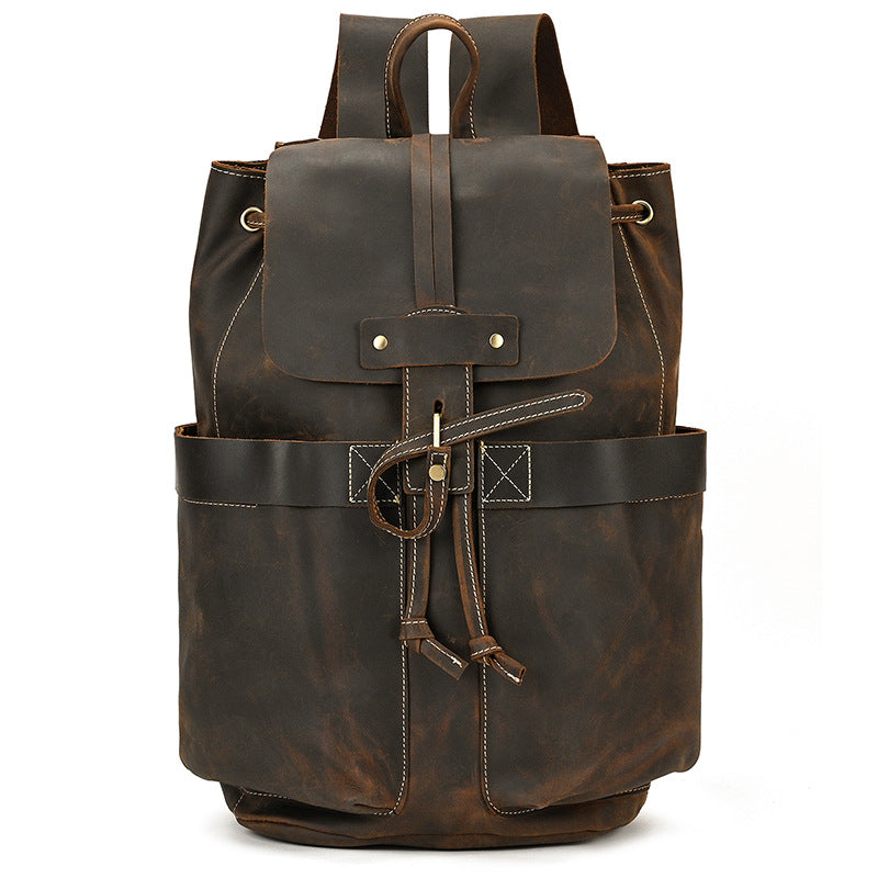 Crazy Horse Leather Flap Drawstring Large Capacity Backpack, Casual School Travel Rucksack, Versatile Daypack for Men and Women