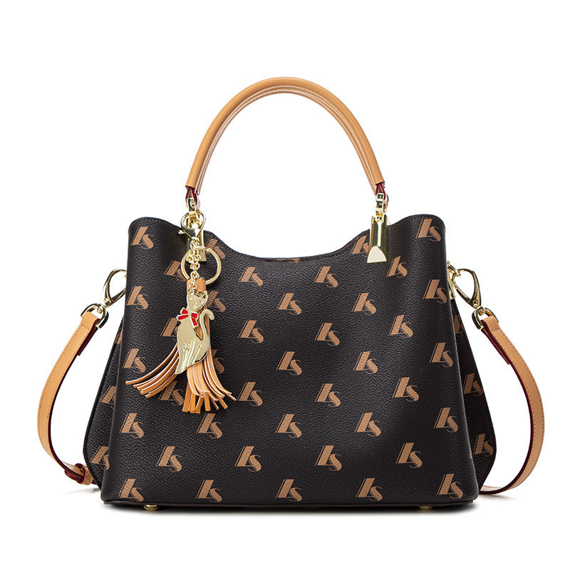 Women's Light Luxury Genuine Leather Tote Bag, Elegant Printed Handbag for Middle-Aged Ladies, Mom's Everyday Carryall