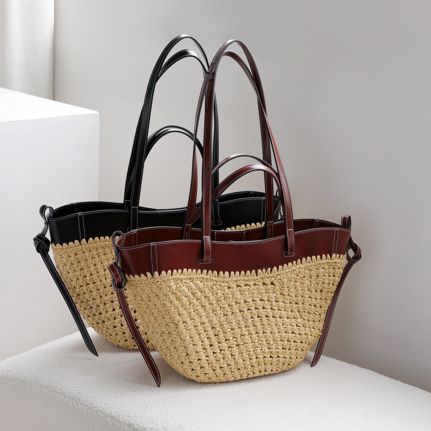 Straw Woven Underarm Beach Bag for Women Cowhide Leather Patchwork Shoulder Handbag, Resort Style Purse with Large Capacity