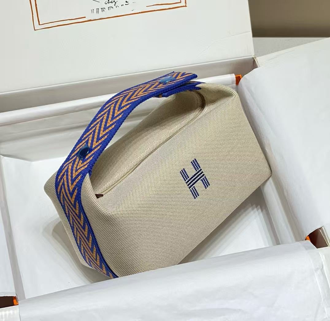 Waterproof Canvas Toiletry Bag for Women, Hermès-Inspired Travel Makeup Pouch 21/25cm, Semi-Handmade Embroidered Box Bag with Sturdy Steel Hardware, Portable Cosmetic Organizer for Daily Use