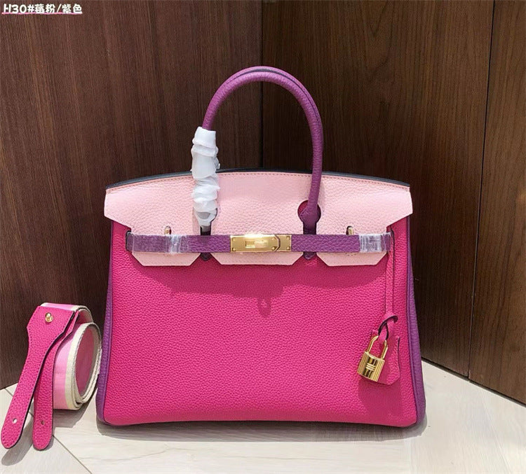 New Spring/Summer Birkin-Inspired Tri-Color Handbag for Women, Premium Top-Layer TC Cowhide Leather with Trendy Design, Versatile Shoulder Crossbody Tote for Everyday Style