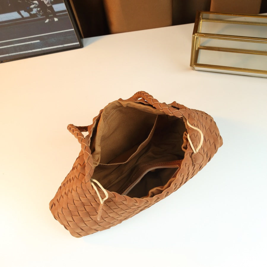Handwoven Suede Shell Tote Set for Women with Detachable Sub-Bag, Niche Shoulder Handbag with Basket-Style Design