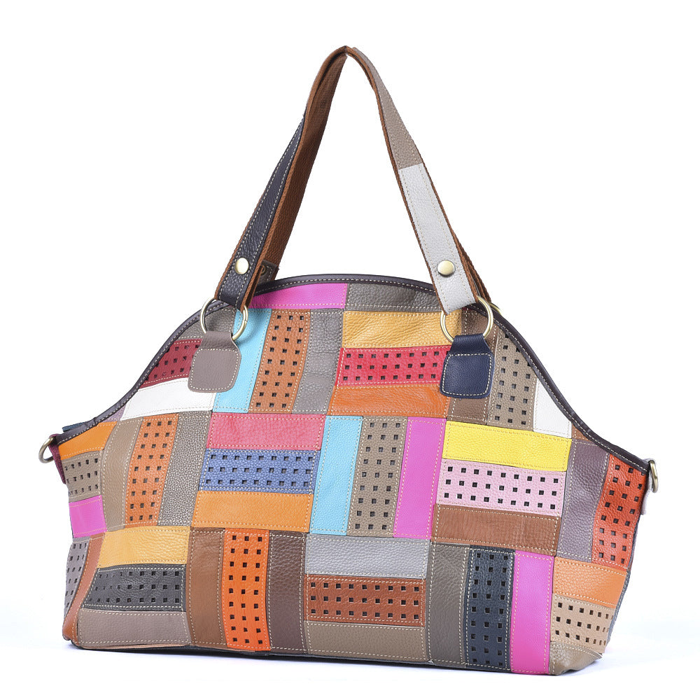 New Color Block Patchwork Genuine Cowhide Tote, Unique Design Large Capacity Shoulder Crossbody Top Handle Purse, Stylish Handbag for Women