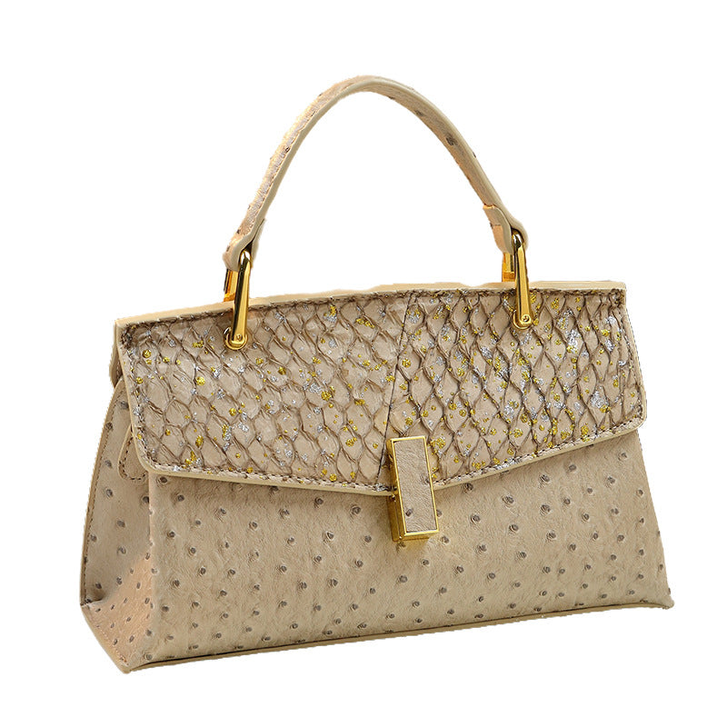 Genuine Fish Skin Kelly-Style Bag for Women, New Premium Textured Top Handle Shoulder Crossbody Purse, Trendy Ostrich-Embossed Small Handbag for Ladies