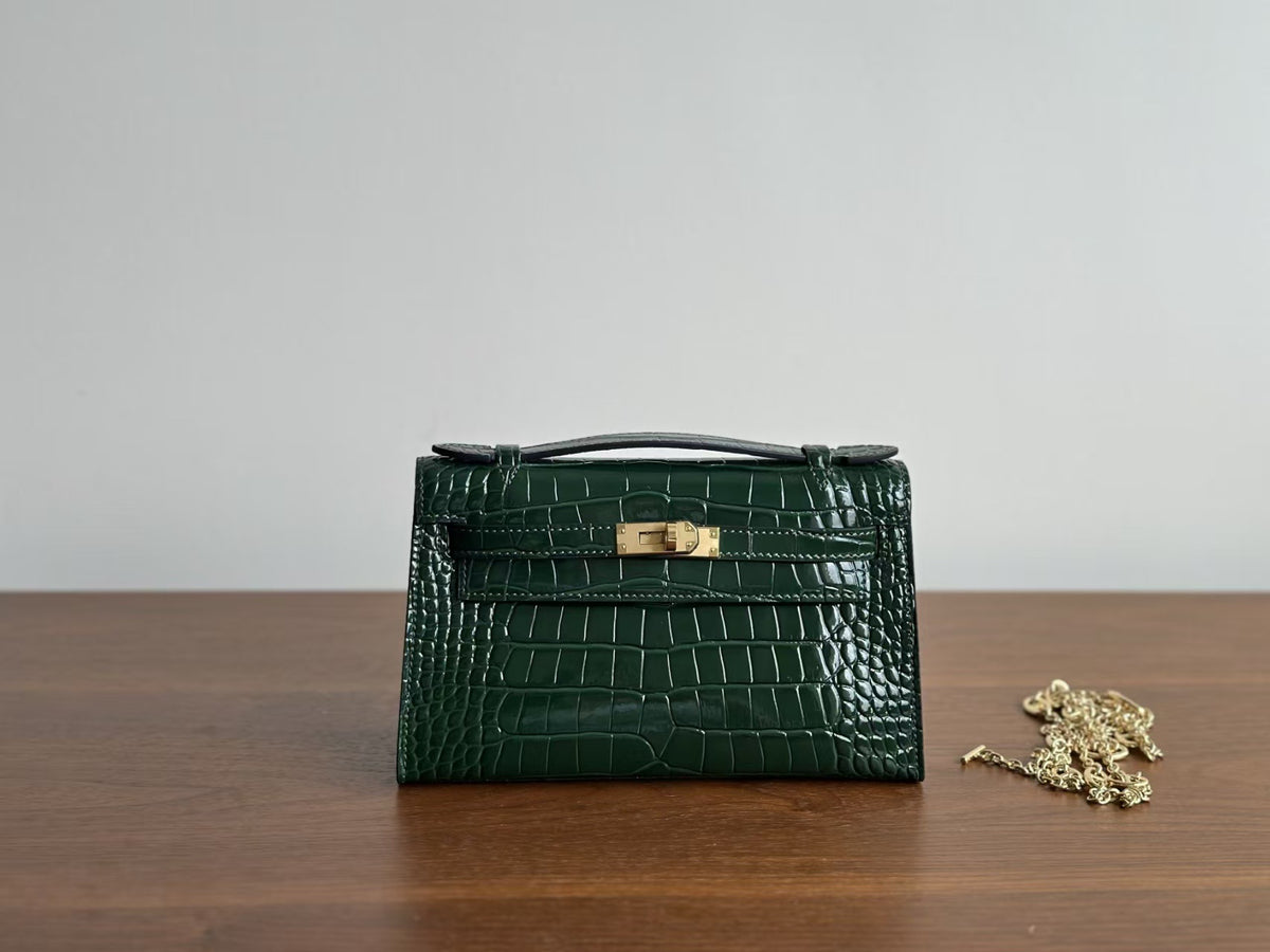 Genuine Leather Crocodile-Embossed Kelly-Style 22cm Bag for Women, 2025 New Small Square Shoulder Crossbody Top Handle Purse, Light Luxury Everyday Handbag for Ladies