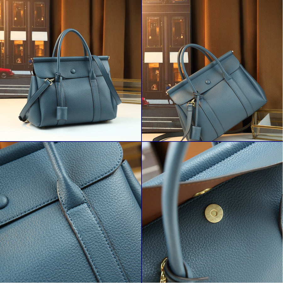 New Summer Haze Blue Pebbled Leather Tote Bag for Women, A Large Capacity 2-in-1 Commuter Shoulder Crossbody Handbag with Matching Pouch