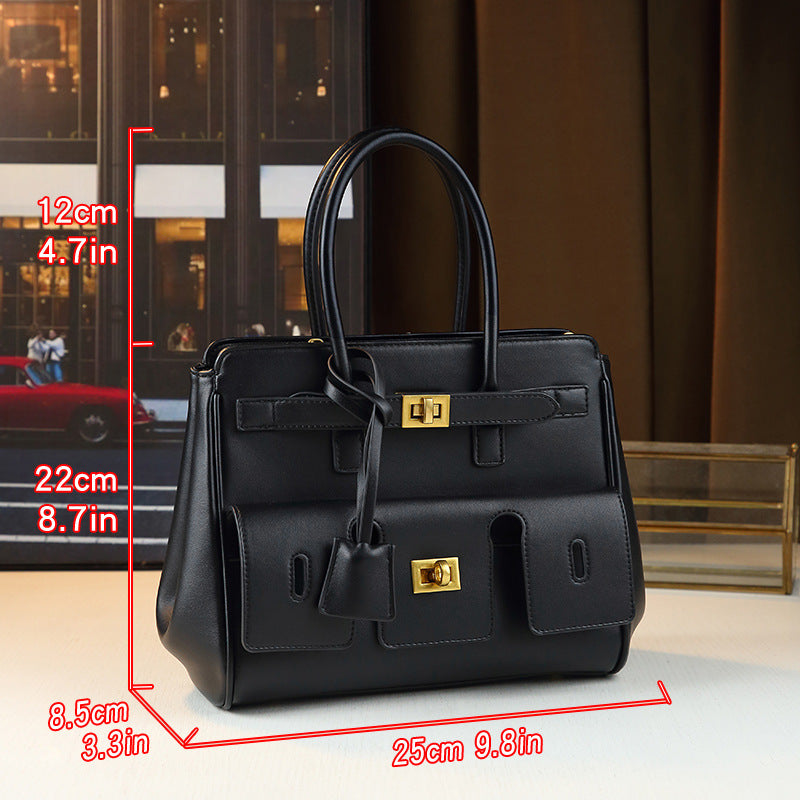 Designer Lock Buckle Multi-Pocket Tote Bag for Women Black Large Capacity Shoulder Crossbody Handbag, Versatile Biker-Style Purse with Edgy Hardware