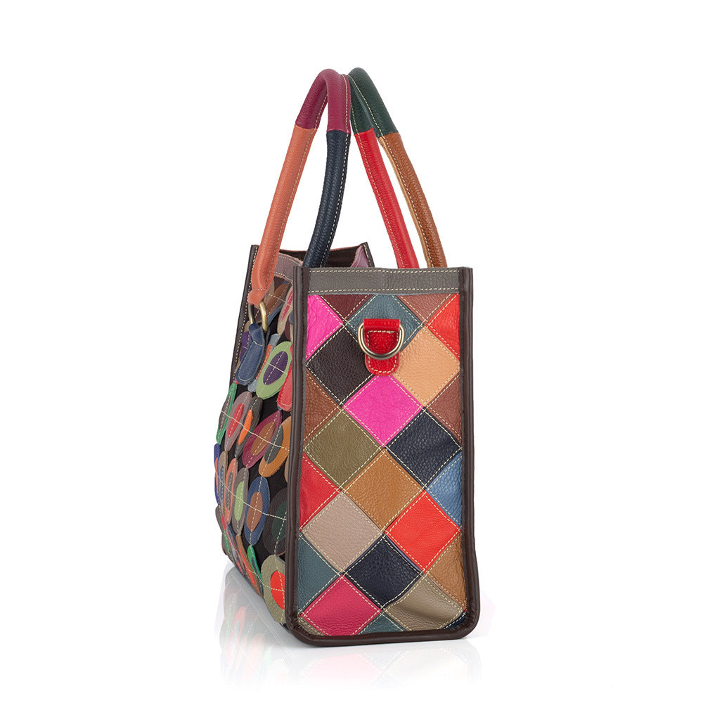 Premium Genuine Cowhide Leather Multi-Color Circular Patchwork Bag for Women | New Casual Color-Block Top-Handle Shoulder Handbag with Unique Artistic Design | Trendy Versatile Purse for Work, Errands, Travel & Everyday Chic | Statement Accessory wit