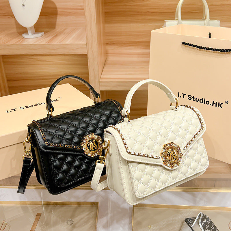 Genuine Leather Quilted Small Square Bag for Women, New Trendy Top Handle Shoulder Crossbody Purse, Fashionable Handbag for Ladies